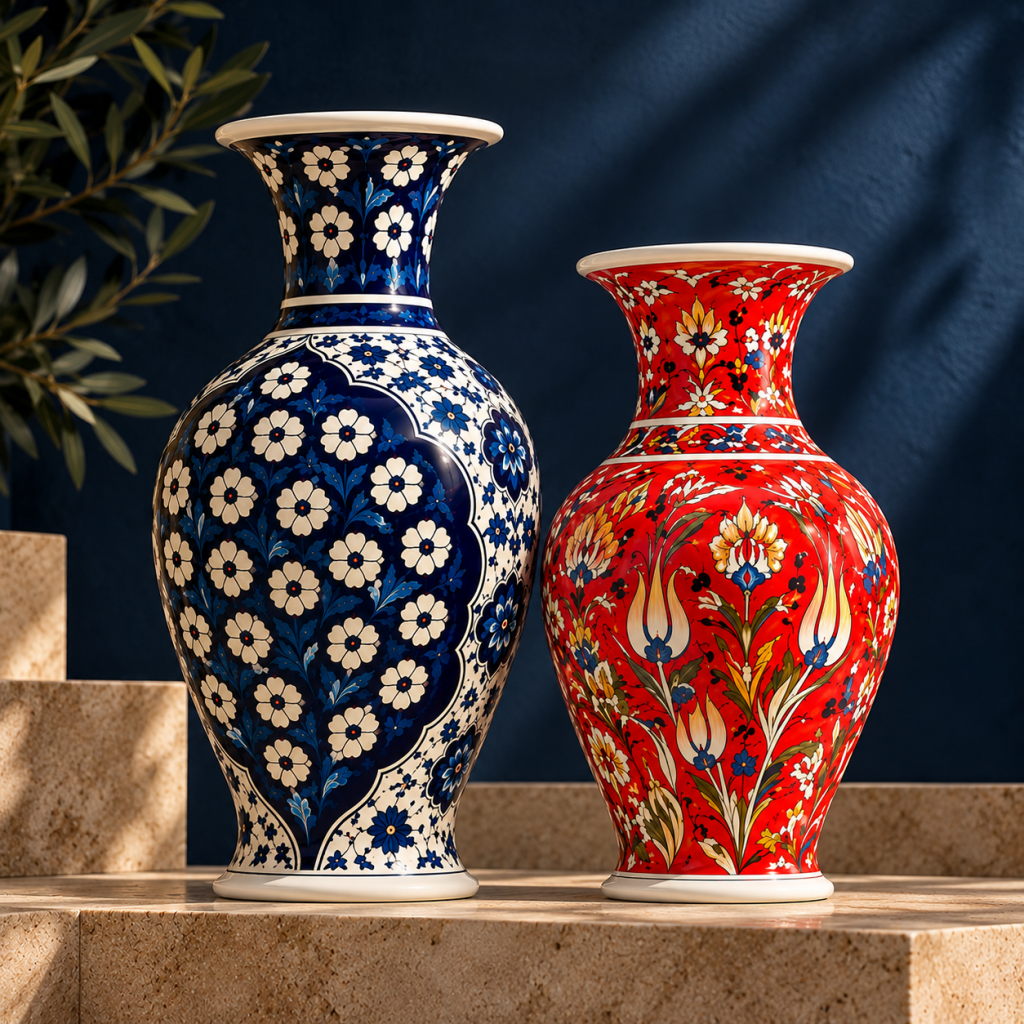 Two handcrafted Iznik ceramic vases with blue and red floral patterns